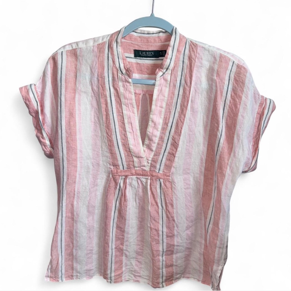 Ralph Lauren Pink and White Cuffed Sleeve Button Down Shirt - size L- 100% linen